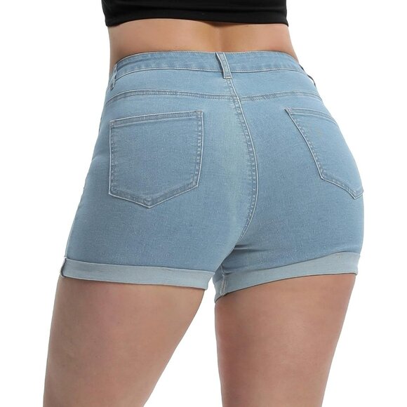 Women's High Waisted Summer Elastic Jean Shorts Folded Hem Hot Denim Shorts - Picture 2 of 5